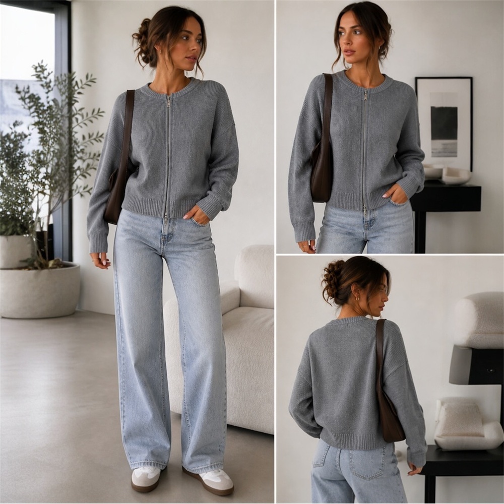 NWT Gray Rib Knit Zip Front Sweater Cardigan Minimalist Soft Knit Size M